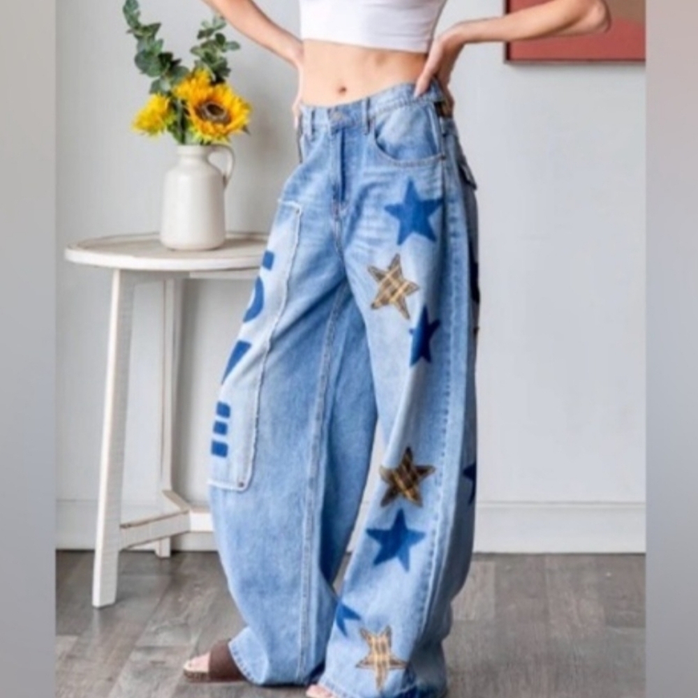 Oli &Hali Love + Stars Patchwork Baggy Wide-Leg Jeans 💙 - Picture 6 of 7